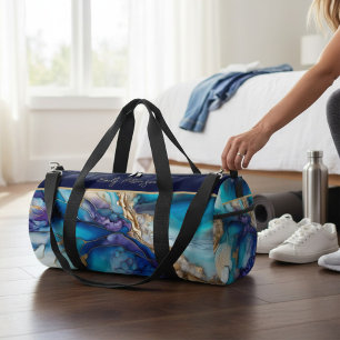 Modern Elegant Blue Gold Marble Personalized Name Duffle Bag