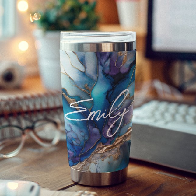 Modern Elegant Blue Gold Marble Personalized Name Insulated Tumbler (Creator Uploaded)