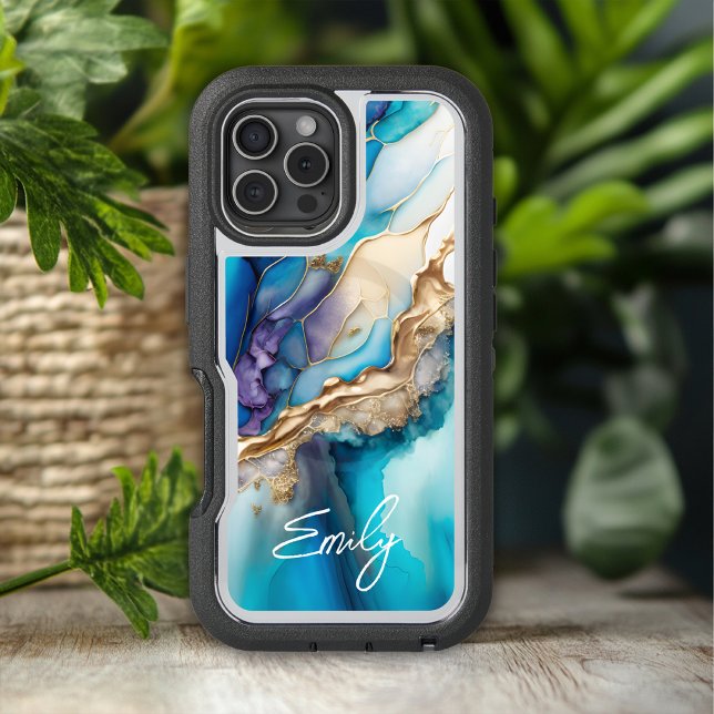 Modern Elegant Blue Gold Marble Personalized Name Otterbox iPhone Case (Creator Uploaded)