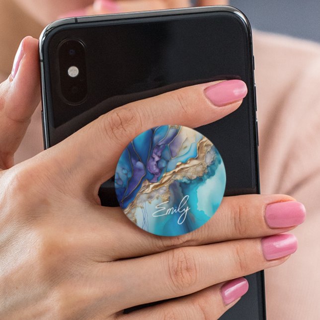 Modern Elegant Blue Gold Marble Personalized Name PopSocket (Creator Uploaded)