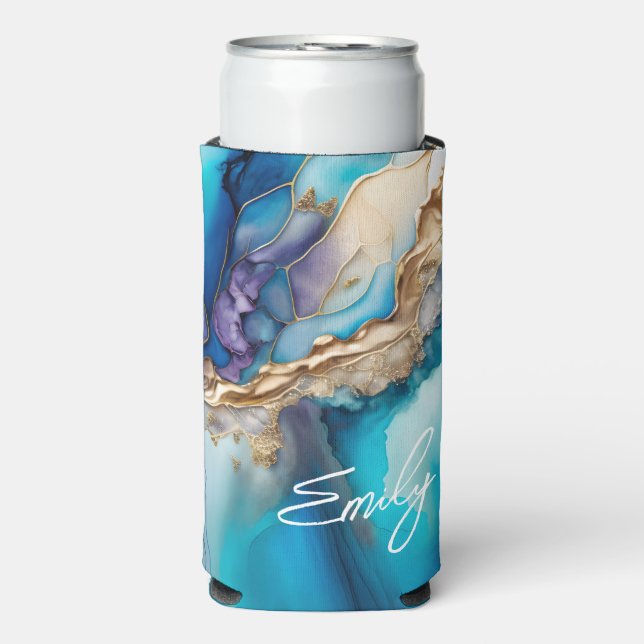 Modern Elegant Blue Gold Marble Personalized Name Seltzer Can Cooler (Seltzer Front)