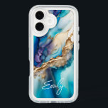 Modern Elegant Blue Gold Marble Personalized Name iPhone 16 Case<br><div class="desc">Modern Elegant Blue Gold Marble Personalized Name iPhone 16 Cases features your personalized name in an elegant calligraphy script typography on a modern blue and gold marble background. Perfect gift for her for birthday,  mom for Mother's Day,  sister or bestie for Christmas and holidays. Designed by ©Evco Studio www.zazzle.com/store/evcostudio</div>