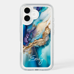 Modern Elegant Blue Gold Marble Personalized Name iPhone 16 Case