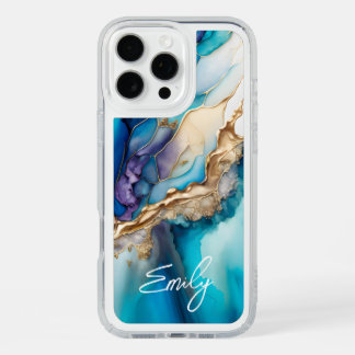 Modern Elegant Blue Gold Marble Personalized Name iPhone 16 Pro Max Case