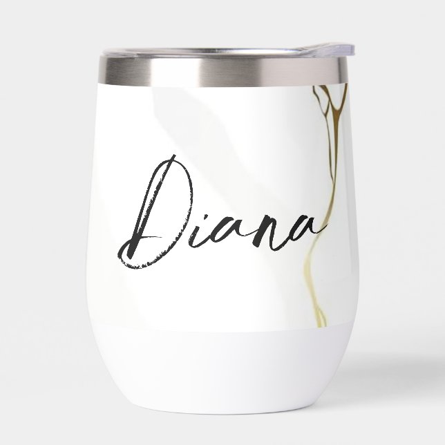 Modern Elegant Blue Gold Marble Personalized Name  Thermal Wine Tumbler (Left)