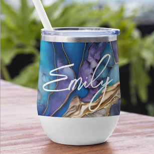 Modern Elegant Blue Gold Marble Personalized Name Thermal Wine Tumbler