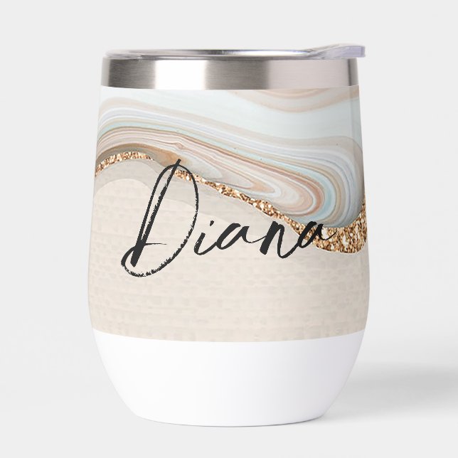 Modern Elegant Blue Gold Marble Personalized Name  Thermal Wine Tumbler (Left)
