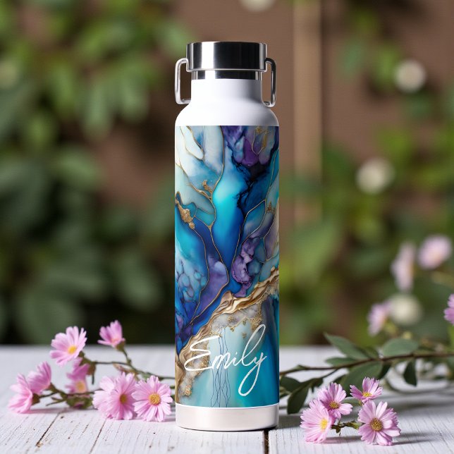 Modern Elegant Blue Gold Marble Personalized Name Water Bottle (Creator Uploaded)