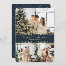 Modern Elegant Blue Gold Photo Merry Christmas Holiday Card