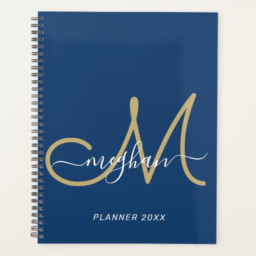 Modern Elegant Blue Gold Script Monogram 2022 Planner