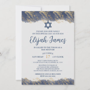 Modern Elegant Blue Gold Star of David Bar Mitzvah Invitation