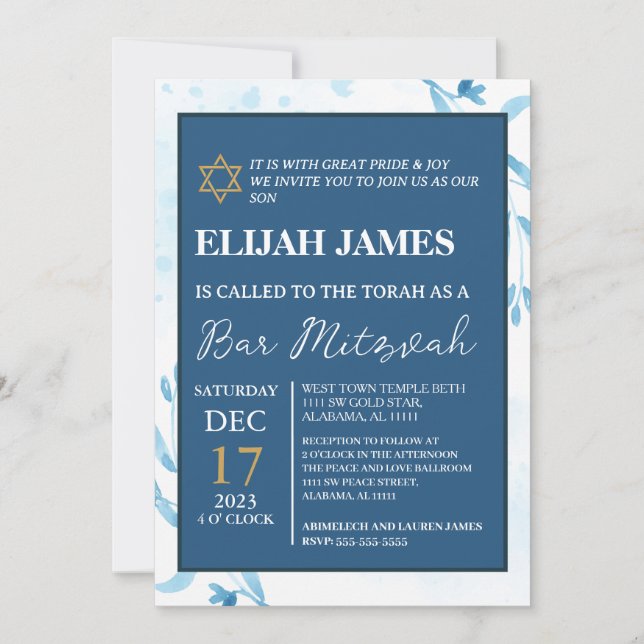 Modern Elegant Blue Gold Star of David Bar Mitzvah Invitation (Front)