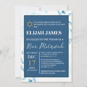 Modern Elegant Blue Gold Star of David Bar Mitzvah Invitation