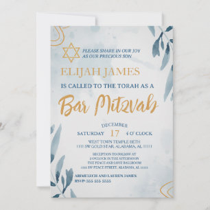 Modern Elegant Blue Gold Star of David Bar Mitzvah Invitation