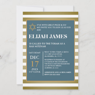 Modern Elegant Blue Gold Star of David Bar Mitzvah Invitation