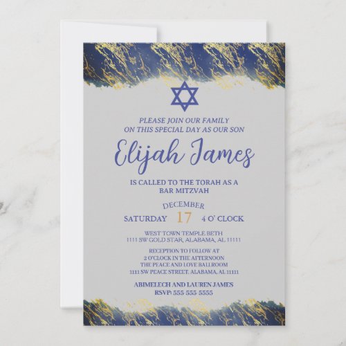 Modern Elegant Blue Gold Star of David Bar Mitzvah Invitation