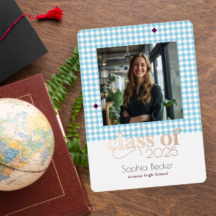 Modern Elegant Blue Graduation Cap Pattern Photo Foil Invitation
