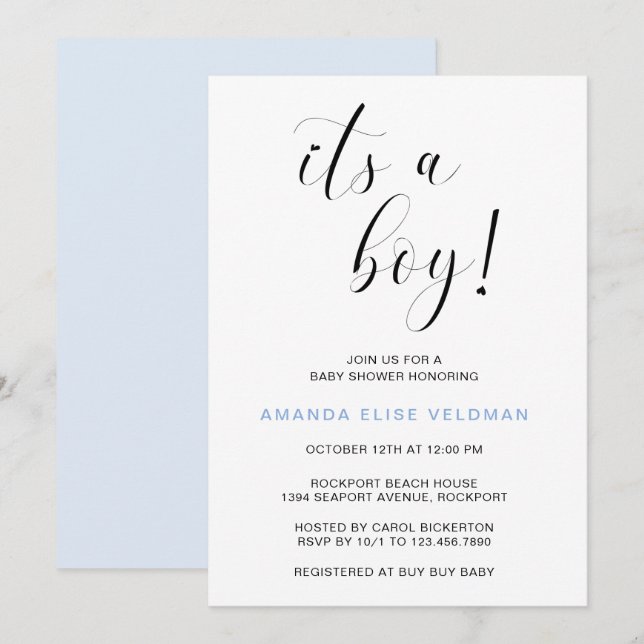 Modern Elegant Blue Heart Its a Boy Baby Shower Invitation (Front/Back)
