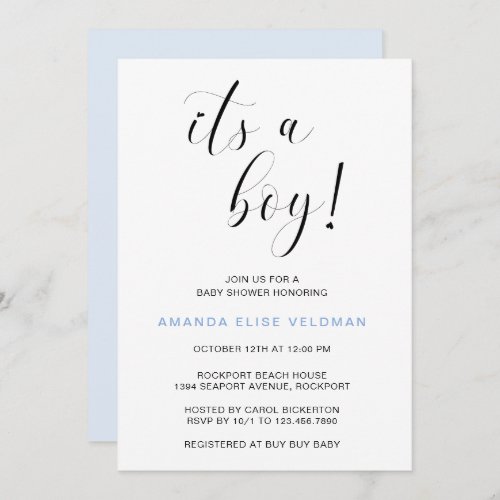 Modern Elegant Blue Heart Its a Boy Baby Shower Invitation