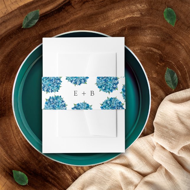 Modern Elegant Blue Hydrangeas Wedding Monogram Invitation Belly Band (Creator Uploaded)