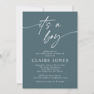 Modern Elegant Blue Its a Boy Script Baby Shower Invitation