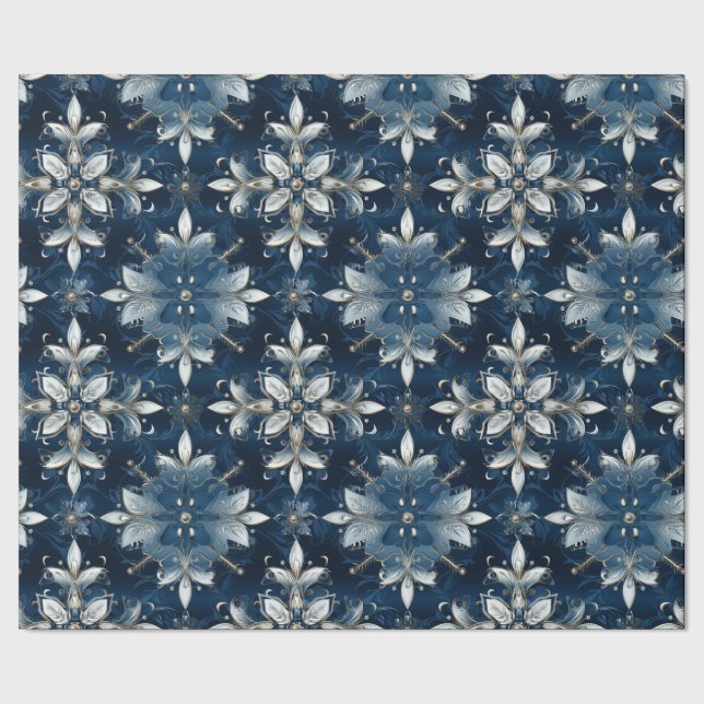 Modern Elegant Blue Jeweled Snowflakes  Wrapping Paper (Seam)