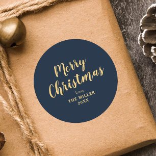 Modern Elegant Blue Merry Christmas Family  Classic Round Sticker