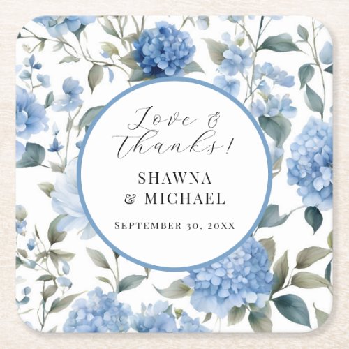Modern Elegant Blue n White Spring Floral Wedding Square Paper Coaster