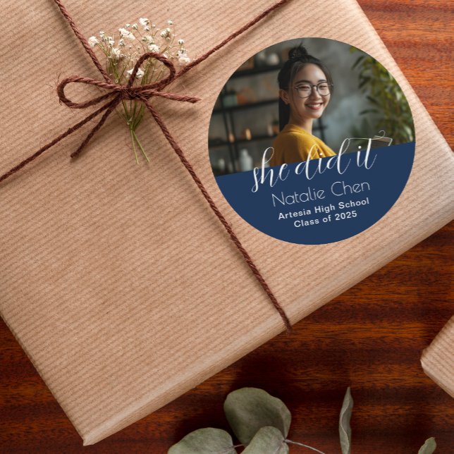 Modern Elegant Blue Photo Graduation  Classic Round Sticker (Creator Uploaded)
