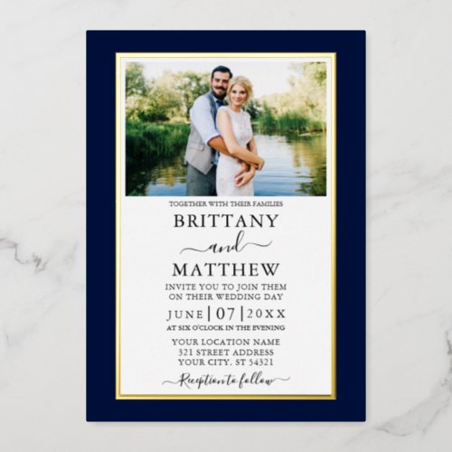 Modern Elegant Blue Photo Wedding Gold Foil Invitation