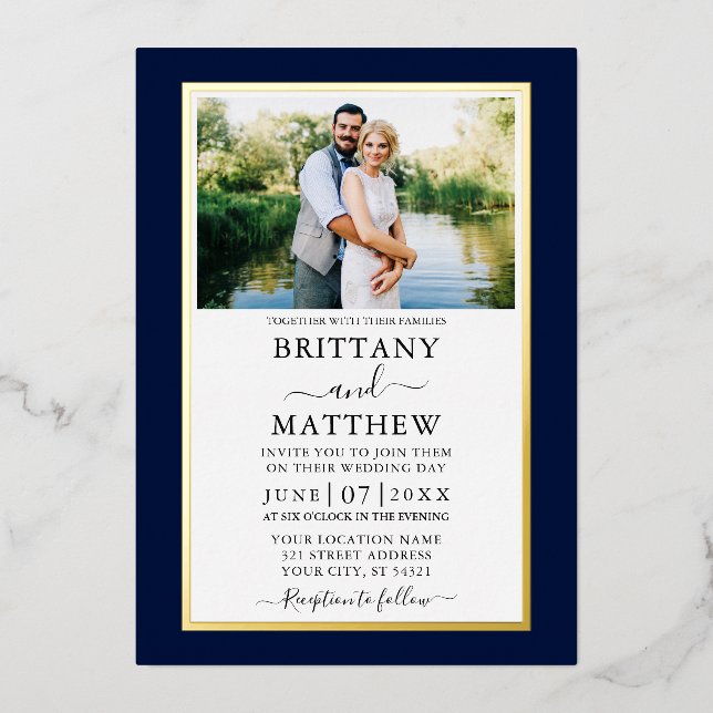 Modern Elegant Blue Photo Wedding Gold Foil Invitation (Front)