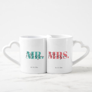 Modern Elegant Blue Pink Mr Mrs Couple Coffee Mug Set