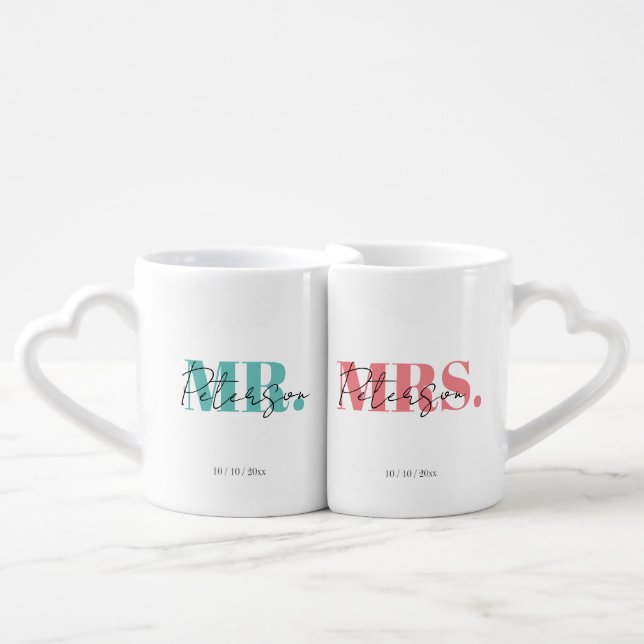 Modern Elegant Blue Pink  Mr Mrs Couple  Coffee Mug Set (Front Nesting)