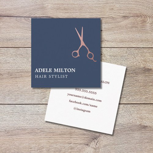 Modern Elegant Blue Rose Gold Hair Stylist Square Business Card