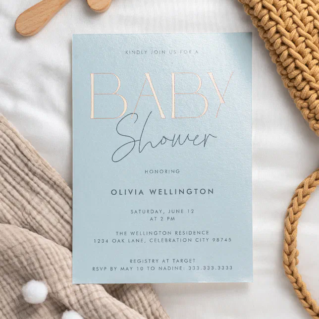 Modern Elegant Blue Script Baby Shower Gold Foil Invitation | Zazzle