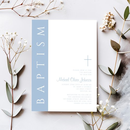 Modern Elegant Blue Script Cross Baptism Invitation