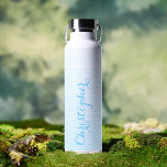 Modern Elegant Blue Script Custom Name Monogrammed Water Bottle<br><div class="desc">Create your own custom, personalized, modern, cool, stylish, chic, trendy, baby blue and white stripes shaded striped pattern design, elegant blue typography script, spill-proof, stainless steel, condensation-resistant exterior, monogrammed matte black durable double-wall Thor Copper Vacuum Insulated Bottle that keeps beverages hot for 12 hours or cold for 48 hours. Simply...</div>