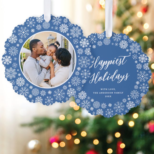 Modern Elegant Blue Snowflake Photo Christmas Ornament Card (Creator Uploaded)