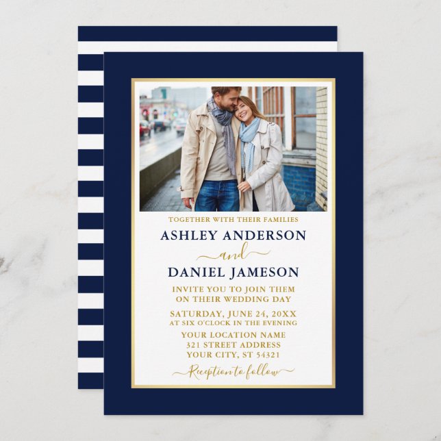Modern Elegant Blue Striped Gold Wedding Invitation (Front/Back)