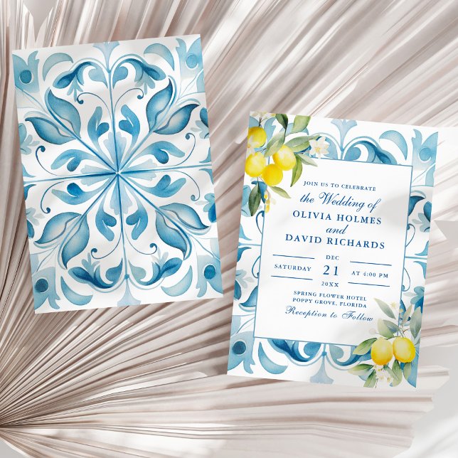 Modern Elegant Blue Tile and Lemon Wedding Invitation (Modern Elegant Blue Tile and Lemon Wedding Invitation on a sunny white dry palm leaf.)