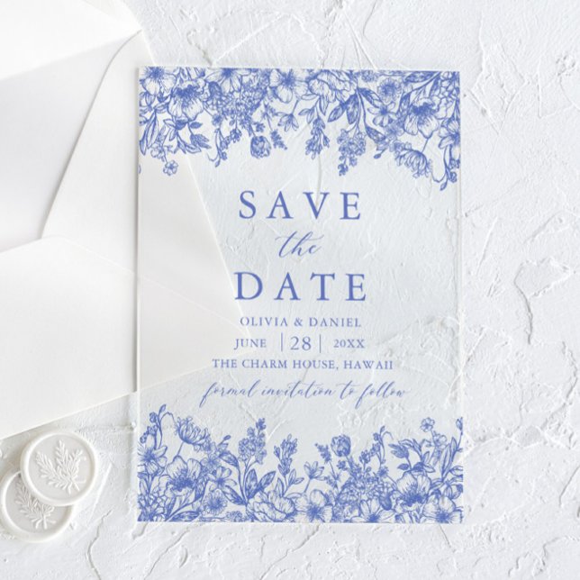 Modern Elegant Blue Vintage Floral Save the Date (Creator Uploaded)
