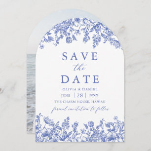 Modern Elegant Blue Vintage Floral Save the Date Invitation