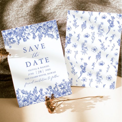 Modern Elegant Blue Vintage Floral Save the Date Invitation