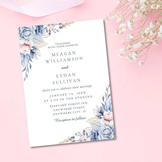 Modern Elegant Blue Watercolor Floral Wedding  Invitation (Modern Elegant Chic Minimalist Winter Blue Floral Wedding Invitation)
