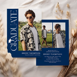 Modern Elegant Blue & White 3 Photo Graduation Invitation