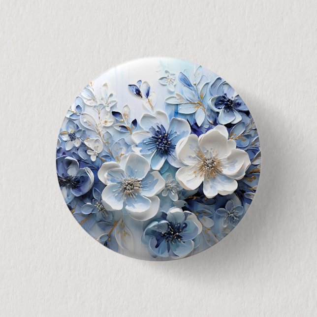 Modern Elegant Blue White Botanical Floral Button (Front)