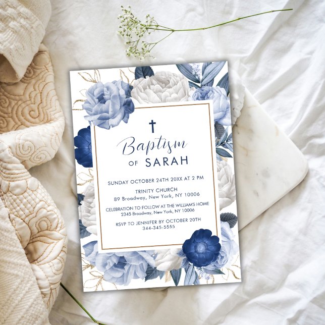 Modern Elegant Blue & White Flower Cross Baptism Invitation (Modern Elegant Blue & White Flower Cross Baptism Invitation)