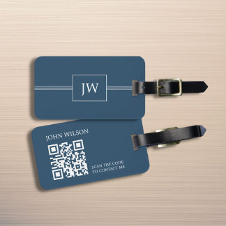 Modern Elegant Blue White Monogram QR Code Luggage Tag