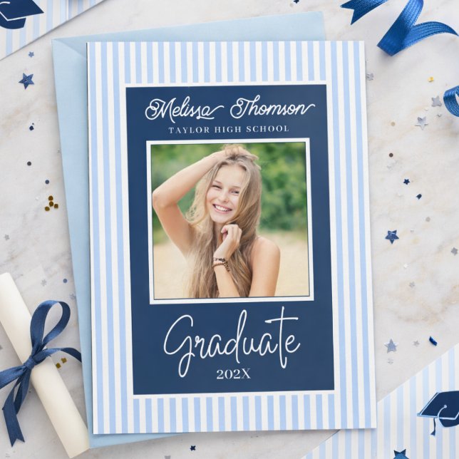 Modern Elegant Blue White Photo Graduation   Announcement (Creator Uploaded)