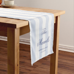 Modern Elegant Blue White Stripes Script Wedding Short Table Runner